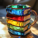 Caneca artesanal colorida com tema de livro